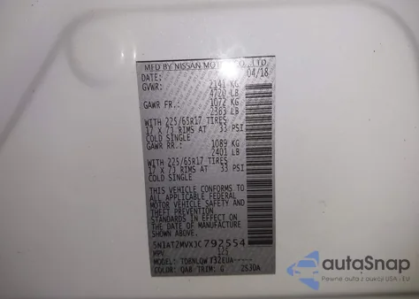 2018 Nissan Rogue Sv z USA, uszkodzony, nr VIN 5N1AT2MVXJC792554